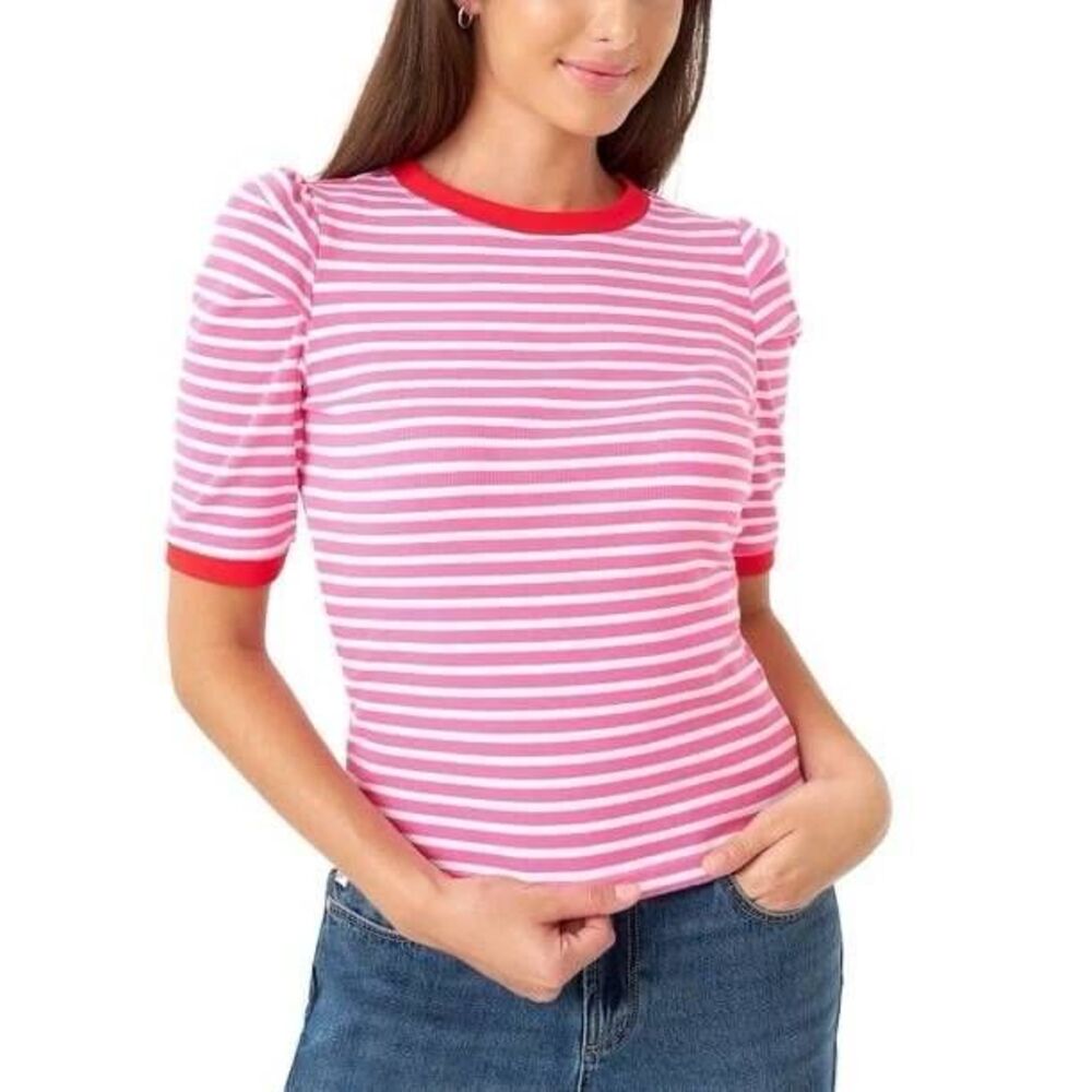 Rebecca Minkoff Pink White Stripe Puff Sleeve Tee Large Preppy Designer Luxury